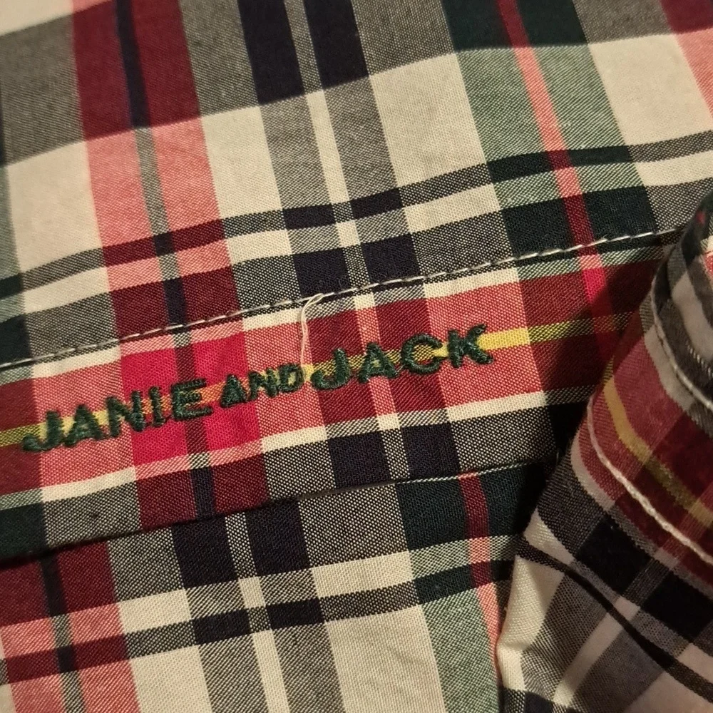 Janie and Jack boys size 3-6 months blue, red and white plaid 1 pocket shirt - Picture 6 of 6